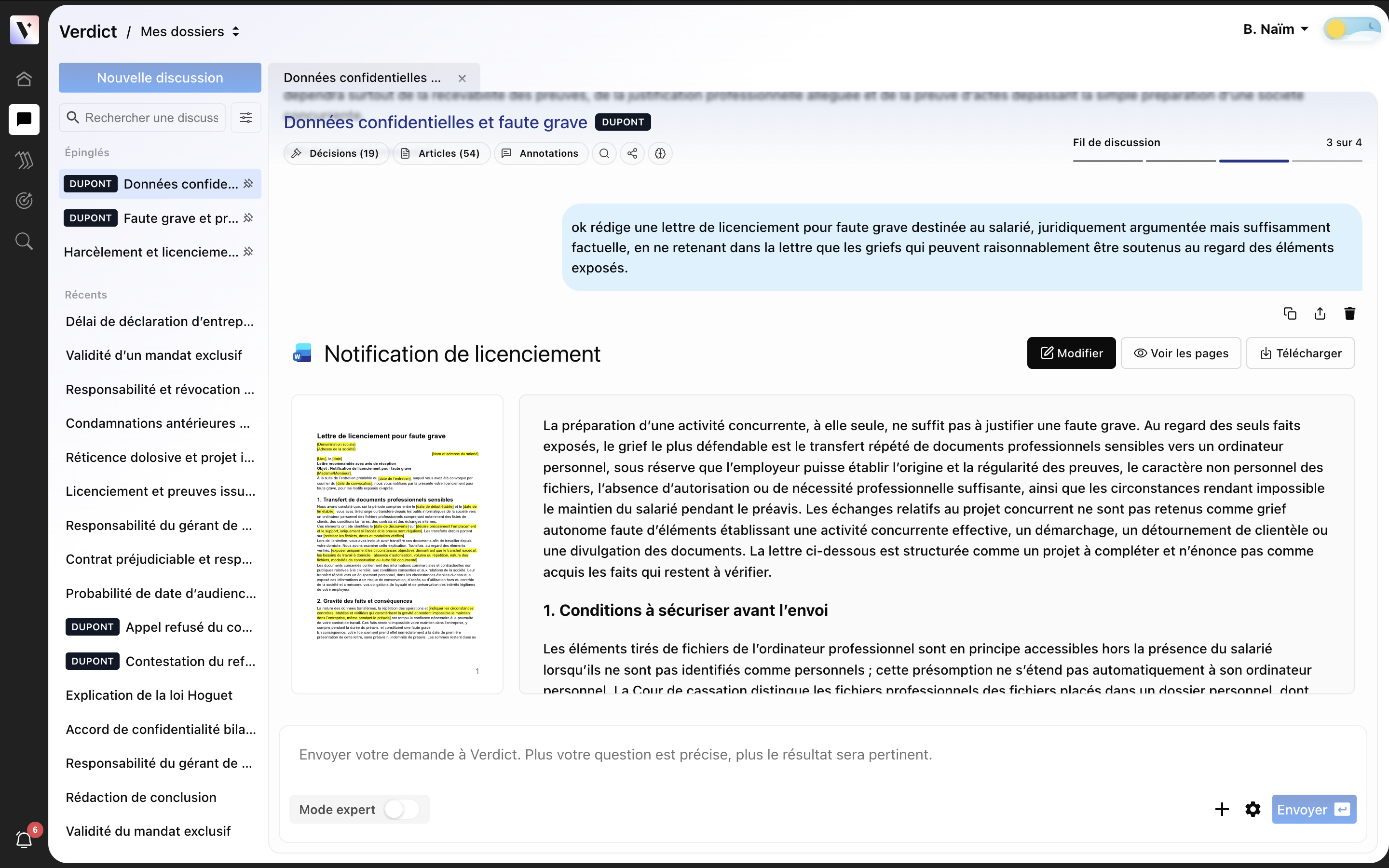 Accueil de l’application Verdict